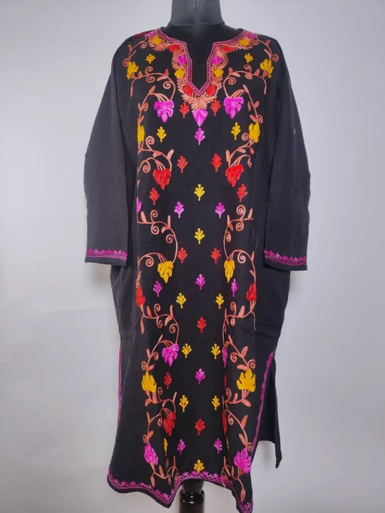 Black Cashmilon Wool Pheran with Aari Embroidery Mehvar