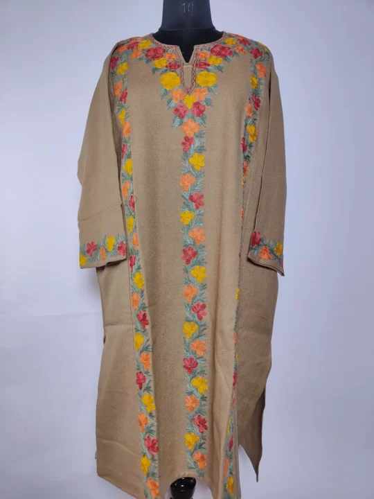 Sarvar Beige Kashmiri Cashmilon Wool Pheran with Aari Embroidery