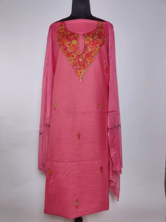 Kashmiri 3pc Suit Bazm Pink Cotton with Hand Sozni Paper Machie Embroidery