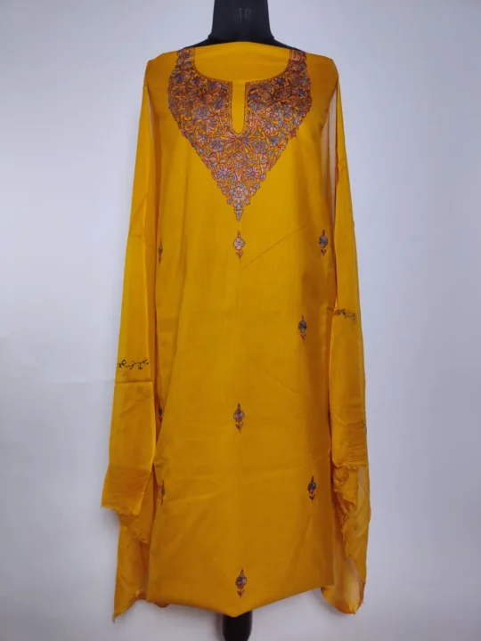 Arzoo Kashmiri 3pc Suit in Mustard Cotton with Hand Sozni Paper Machie Embroidery