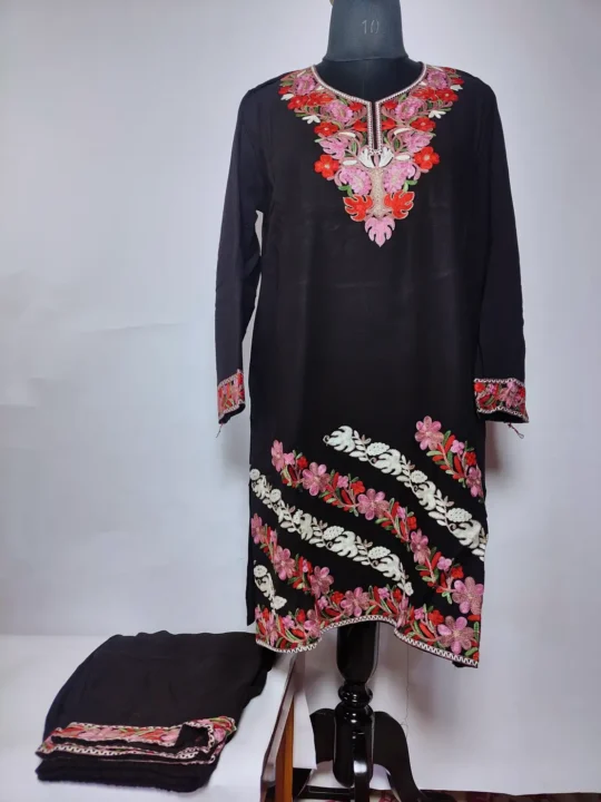 Mehrban Black Kashmiri Long Cotton Co-ord Set with Aari Work