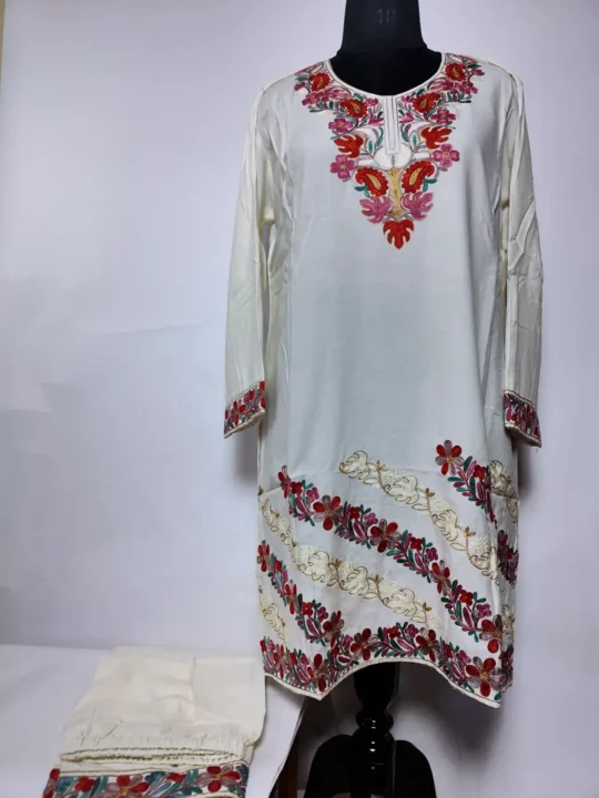 White Long Kashmiri Co-ord Set Cotton with Aari Embroidery Zayyaan