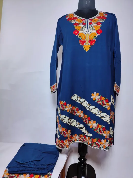 Omaid Blue Long Kashmiri Co-ord Set in Cotton with Aari Embroidery