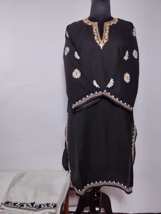Hayat Black and White Kashmiri Long Cotton Co-ord Set with Aari Work
