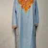 Kashmiri Long Cotton Mehzan Light Blue Kurti with Aari Embroidery