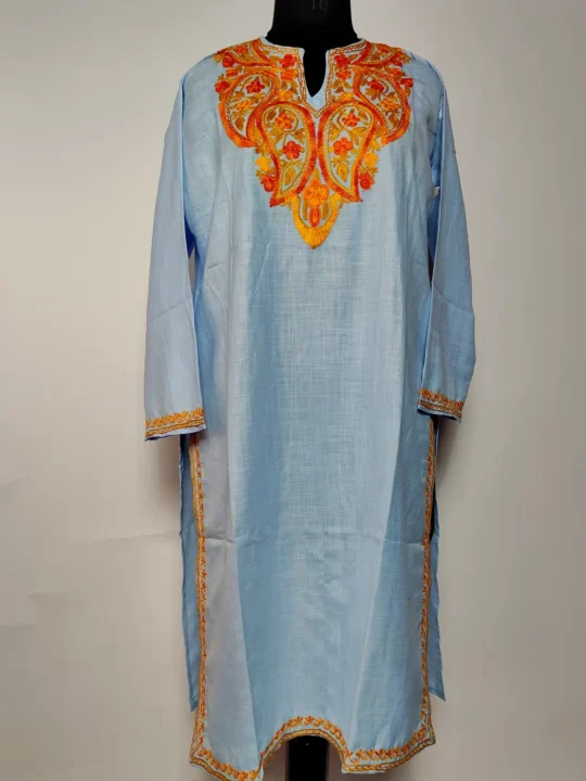 Kashmiri Long Cotton Mehzan Light Blue Kurti with Aari Embroidery