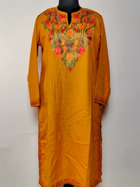 Mustard Kashmiri Long Cotton Kurti with Aari Embroidery Rubab