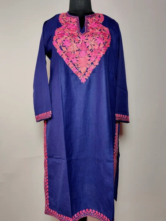 Dark Blue Kashmiri Long Cotton Kurti with Shaaz Aari Embroidery