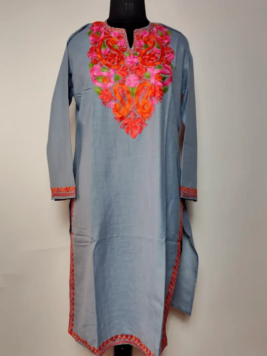 Nafees Grey Kashmiri Long Cotton Kurti with Aari Embroidery