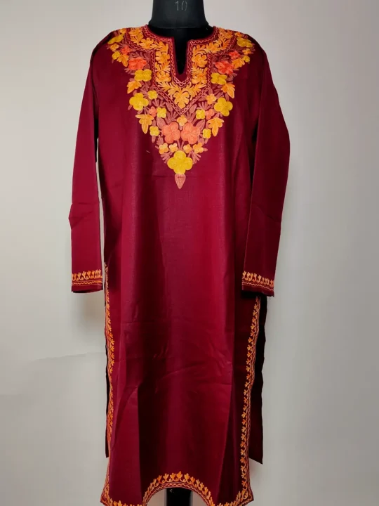 Maroon Kashmiri Long Rabtah Cotton Kurti with Aari Embroidery