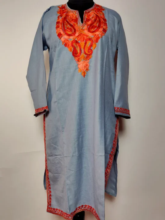 Zareef Grey Kashmiri Long Cotton Kurti with Aari Embroidery