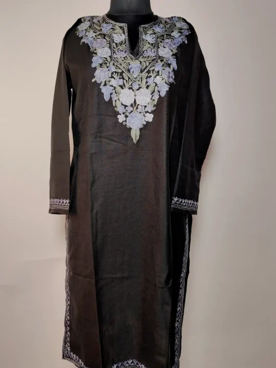 Black Kashmiri Long Cotton Kurti with Firozan Aari Embroidery