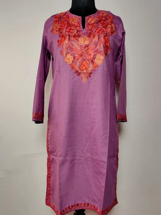 Kashmiri Long Cotton Light Purple Kurti with Firozan Aari Embroidery Abroo