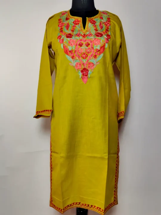 Shehzan Kashmiri Long Cotton Lime Green Kurti with Aari Embroidery