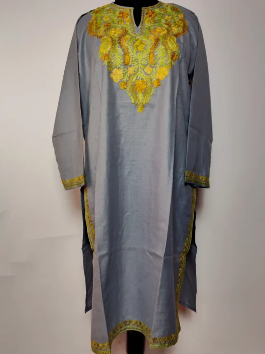 Grey Kashmiri Long Cotton Lime Green Kurti with Aari Embroidery Gulrez