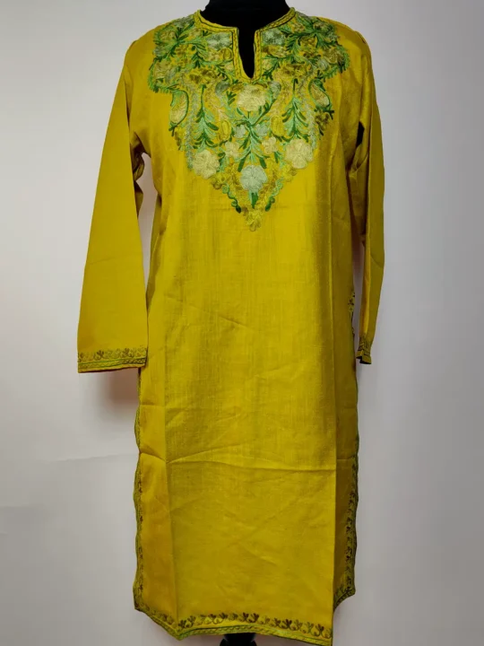 Lime Green Kashmiri Long Cotton Kurti with Aari Embroidery