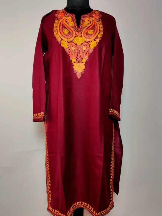 Maroon Kashmiri Long Cotton Kurti with Aari Embroidery Naushad