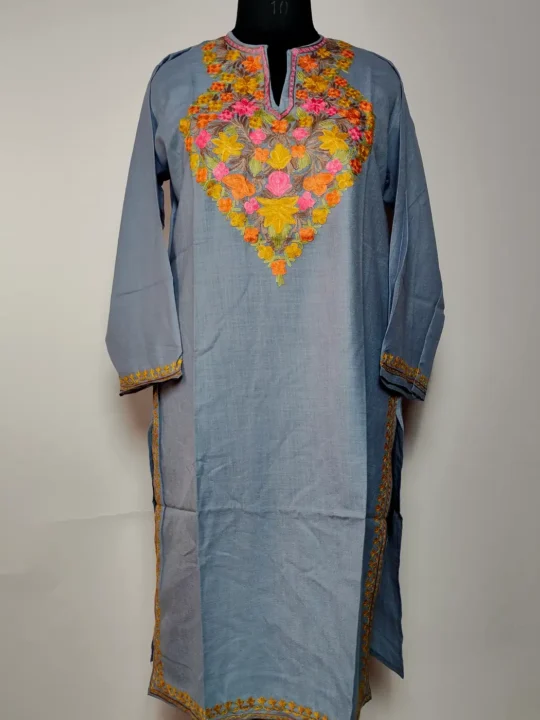 Grey Kashmiri Long Cotton Kurti with Irteza Aari Embroidery
