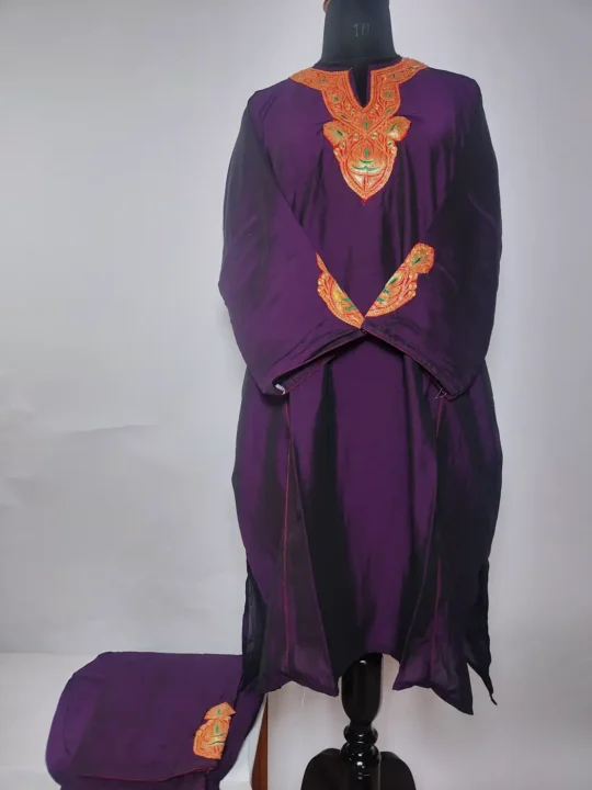 Kashmiri Partwear Wine Silk Kurti Set With Botte Tilla Embroidery