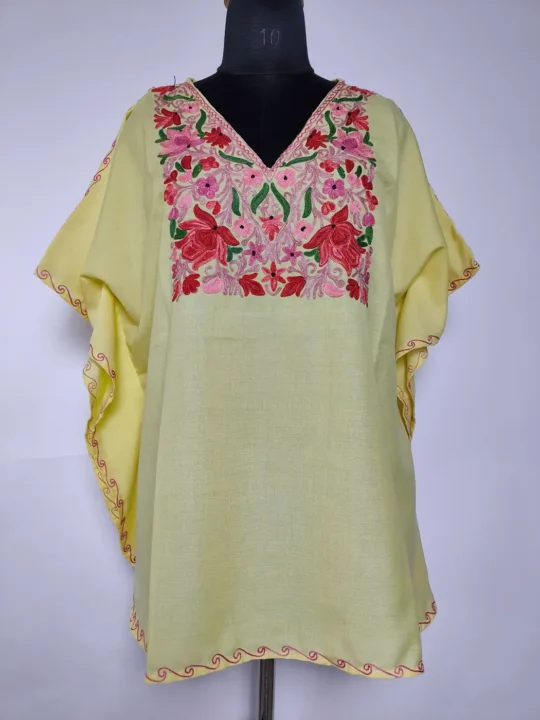 Summer Cool Cotton Mini Kashmiri Kaftan Top in Pastel Yellow with Aari Embroidery