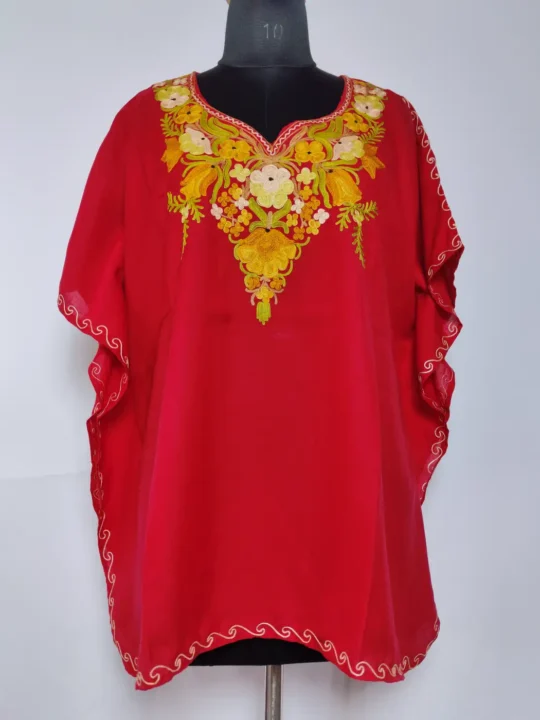 Red Kashmiri Summer Cool Cotton Kaftan Top  with Aari Work