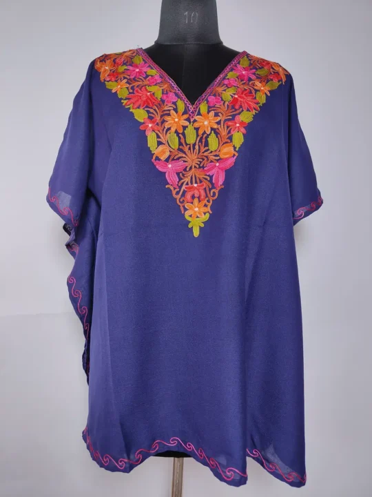 Dark Blue Summer Cool Cotton Mini Kashmiri Kaftan Top  with Aari Work