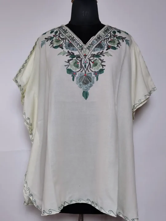 White Kashmiri Summer Cool Cotton Kaftan Top  with Aari Work