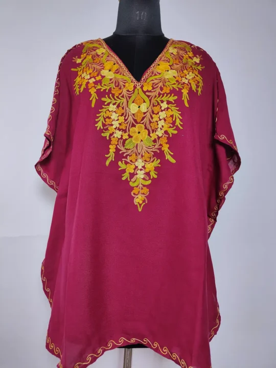Kashmiri Summer Cool Cotton Kaftan Top in Maroon With Ariwork