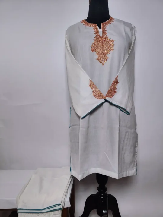White Kashmiri Summer Cool Cotton Co-ord Set With Botte Tilla Embroidery