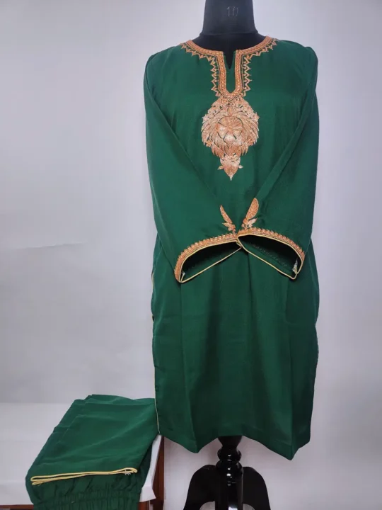 Dark Green Botte Tilla Work Co-ord Set in Summer Cool Cotton from Kashmir Shaheen