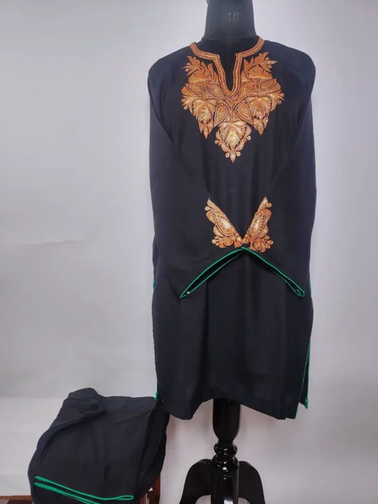 Short Kashmiri Zareen Botte Tilla Embroidery Black Co-ord Set in Summer Cool Cotton