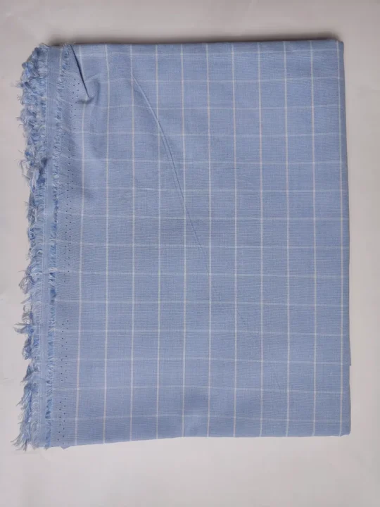 Sky Blue Check Mens Unstitched Fabric in Check Pure Linen Cotton Aaftab