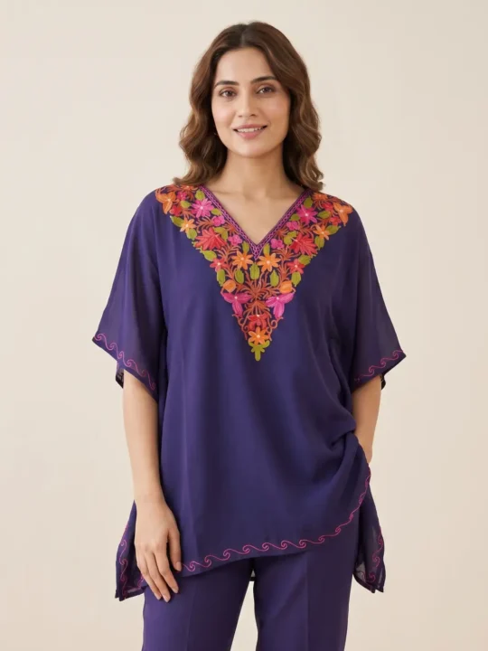 Dark Blue Summer Cool Cotton Mini Kashmiri Kaftan Top  with Aari Work