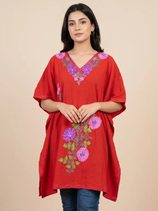 Kashmiri Maroon Short Crush Cotton Kaftan with Aari Embroidery