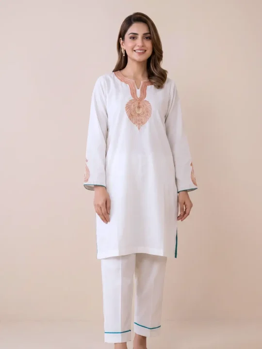 White Kashmiri Botte Tilla Co-ord Set in Summer Cool Cotton