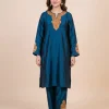 Kashmiri Dark Blue Silk Partwear Kurti Set With Botte Tilla Work