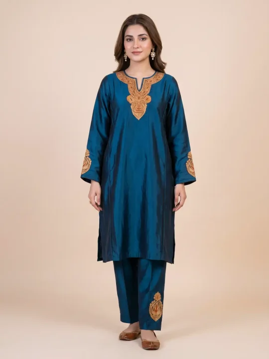 Kashmiri Dark Blue Silk Partwear Kurti Set With Botte Tilla Work