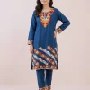 Blue Long Kashmiri Co-ord Set in Cotton with Aari Embroidery