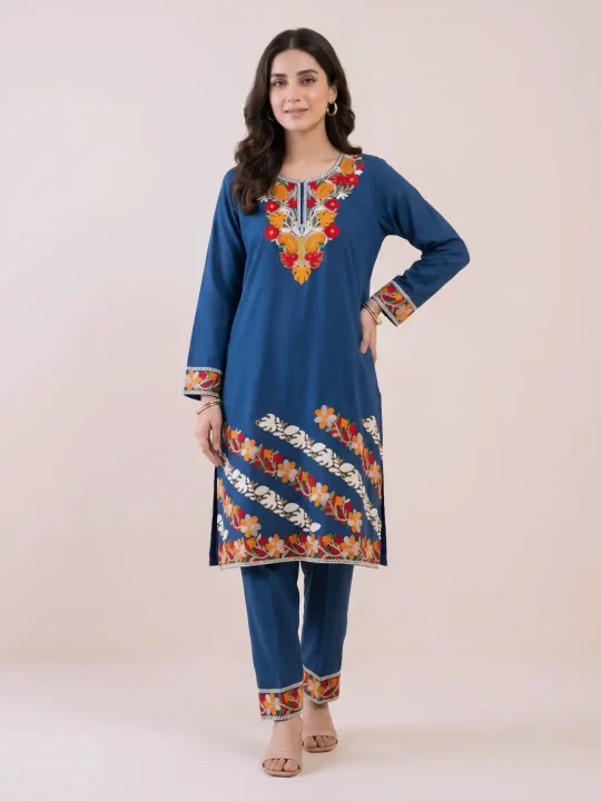 Blue Long Kashmiri Co-ord Set in Cotton with Aari Embroidery