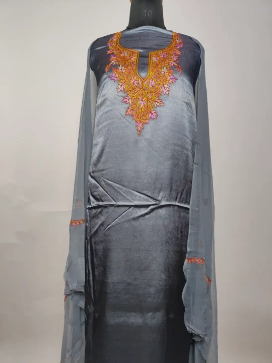 Kashmiri Dark Grey 3pc Modal Silk Unstitched Suit with Hand Sozni Embroidery Parizad
