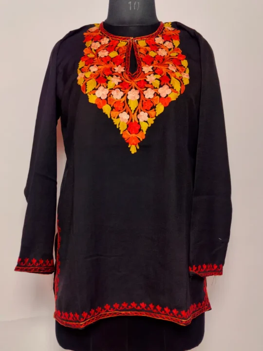 Kashmiri Black Short Parveen Summer Cool Cotton Kurti with Aari Embroidery
