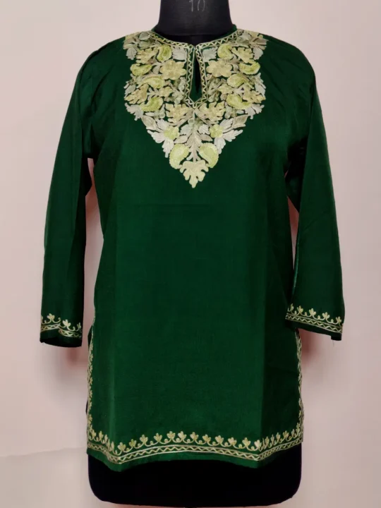 Dark Green Kashmiri Short Summer Cool Cotton Kurti with Rabeena Aari Embroidery