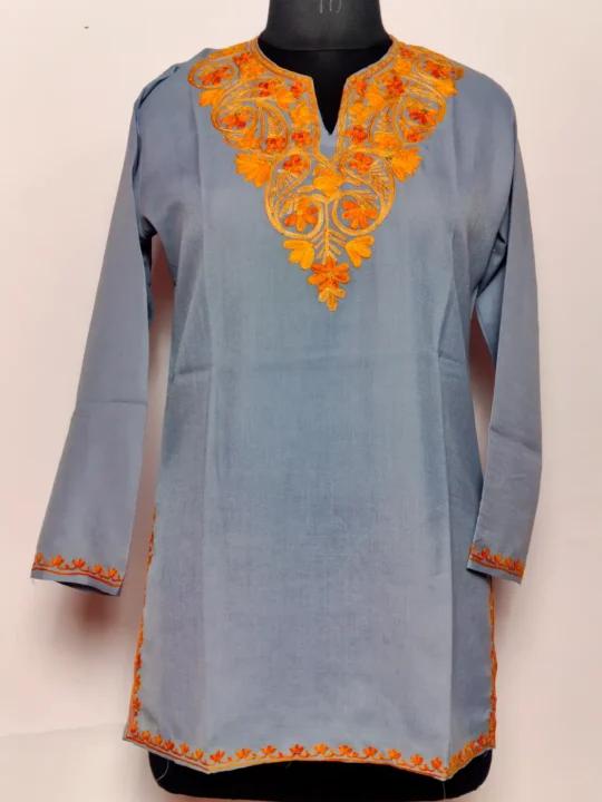Kashmiri Grey Short Summer Cool Cotton Kurti with Aari Embroidery Mahveen