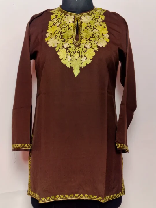 Brown Kashmiri Short Summer Cool Cotton Rukhsar Kurti with Aari Embroidery