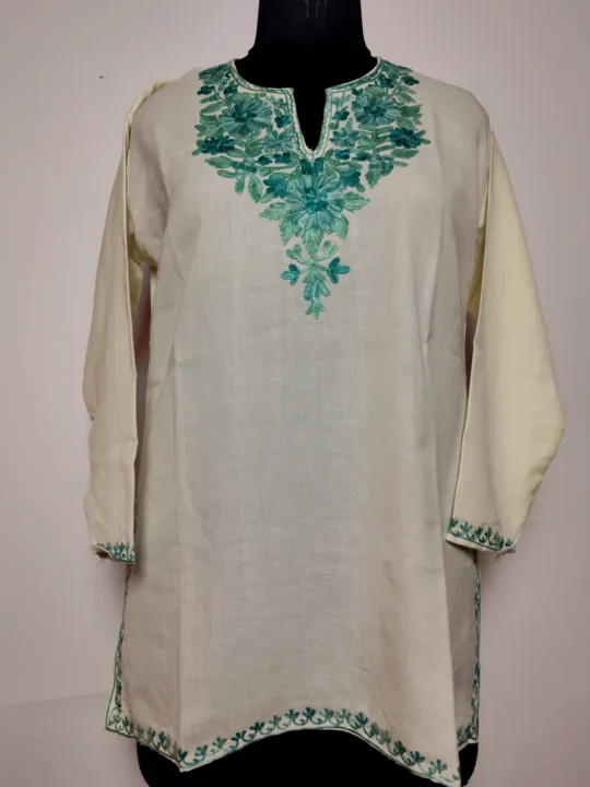 Tabassum Kashmiri Short White Summer Cool Cotton Kurti with Aari Embroidery
