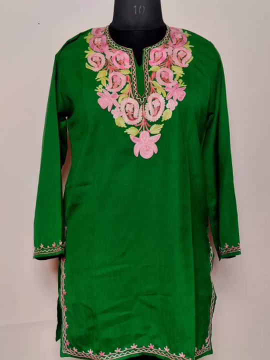 Short Kashmiri Huma Green Summer Cool Cotton Kurti with Aari Embroidery