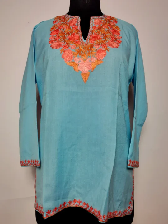 Yasmeen Short Kashmiri Blue Summer Cool Cotton Kurti with Aari Embroidery