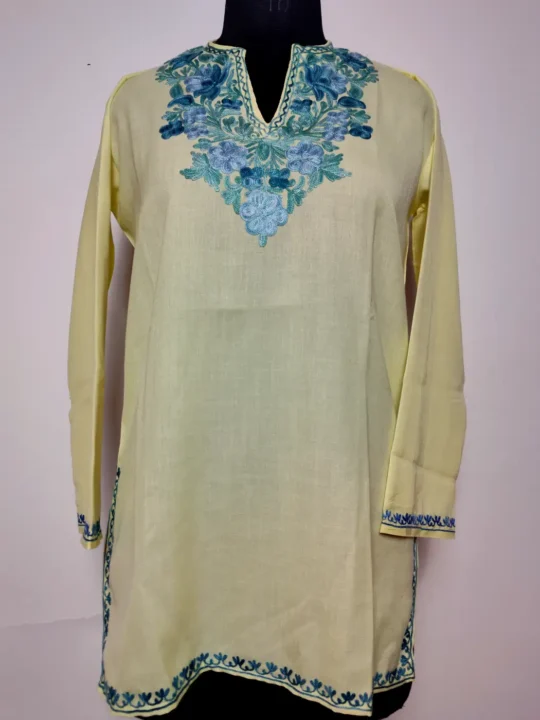 Cream Short Kashmiri Sehar Summer Cool Cotton Kurti with Aari Embroidery