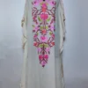 Hoor Kashmiri Long White Crush Cotton Kaftan with Aari Embroidery