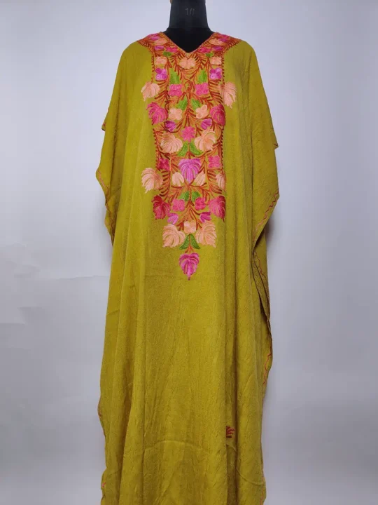 Green Zohra Kashmiri Long Crush Cotton Kaftan with Aari Embroidery